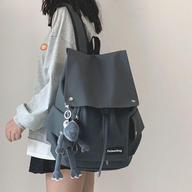 書包女高中大學生工裝大容量雙肩包休閒旅行揹包 副廠產品, 灰色, 灰色青蛙