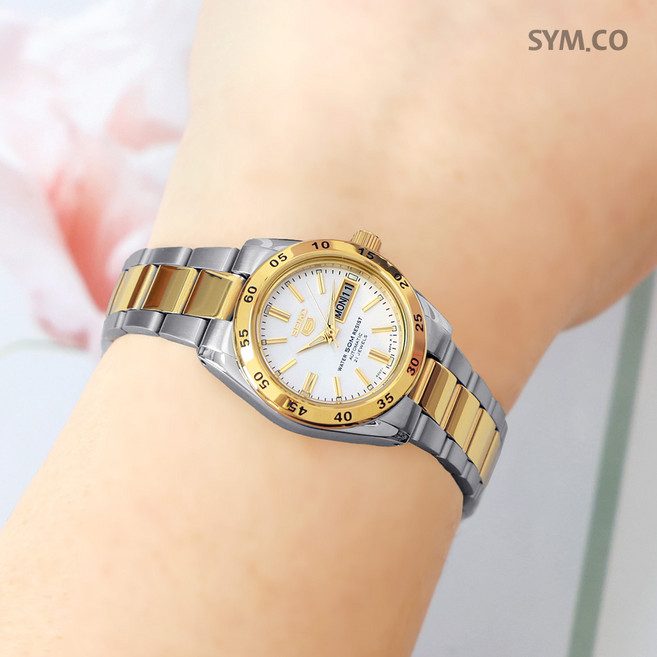 세이코5 오토매틱 여성 골드실버 콤비 다이버 디자인베젤 메탈시계