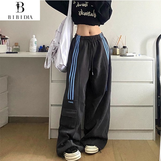 비비디아 여성용 오버 래그 스트리트웨어 스트라이프 팬츠 힙합 카고 밴딩 스웻팬츠 와이드 조거 바지 5530