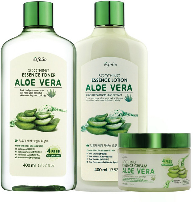 에스폴리오 알로에베라 수딩 토너 + 로션 + 크림 세트 수분크림 진정크림 속건조 보습, 1세트