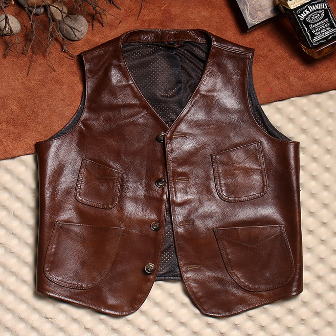 남성 가죽조끼 소가죽 오토바이 라이더 슬림 베스트 가죽 바이커 카우보이