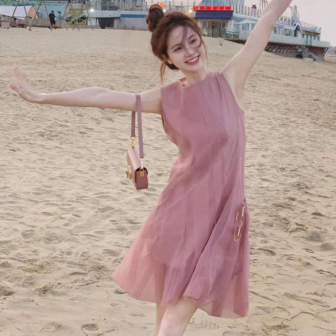 法式小香風小個子設計感海邊度假粉色吊帶連衣裙女夏, 粉紫色,L, 粉紫色
