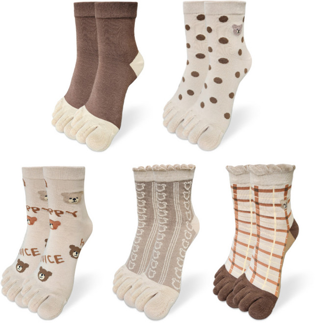 홈샘 여성 다양한 디자인 면 발가락 양말 5켤레