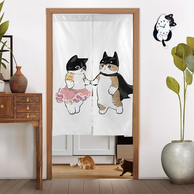 wonderful live 귀여움 폭발 고양이 가리개커튼 방문커튼 분리형 가림막 린넨 도어 커튼