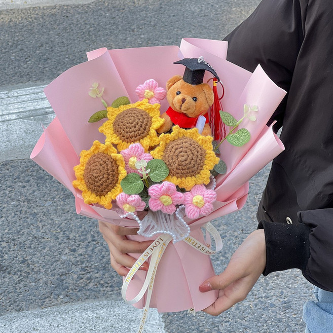 畢業季 針織花束 小熊花束 畢業禮物, 1個, 粉-向日葵3朵+畢業熊