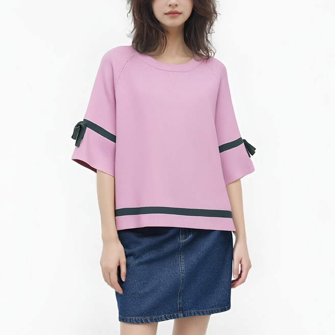 여성 오버핏 반팔 니트티 캐주얼 크롭탑 비보뉴