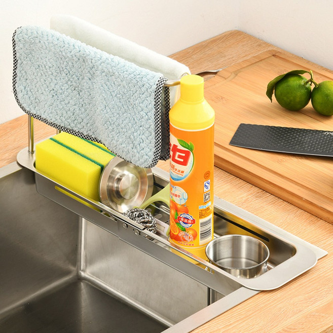 KCJ 수세미 거치대 길이 조절 싱크대 주방 행주 걸이 렉, 1개, 실버