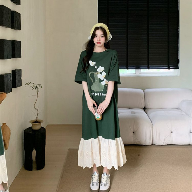 루즈핏 프린트 반팔 원피스 여름용 배색 플레어 스타일 20대 30대 데일리룩 원마일웨어
