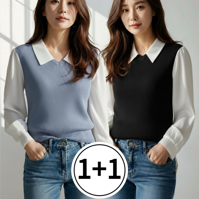 르블링 구김 없는 여성 셔츠 링클프리 니트 조끼 레이어드 블라우스 2종세트