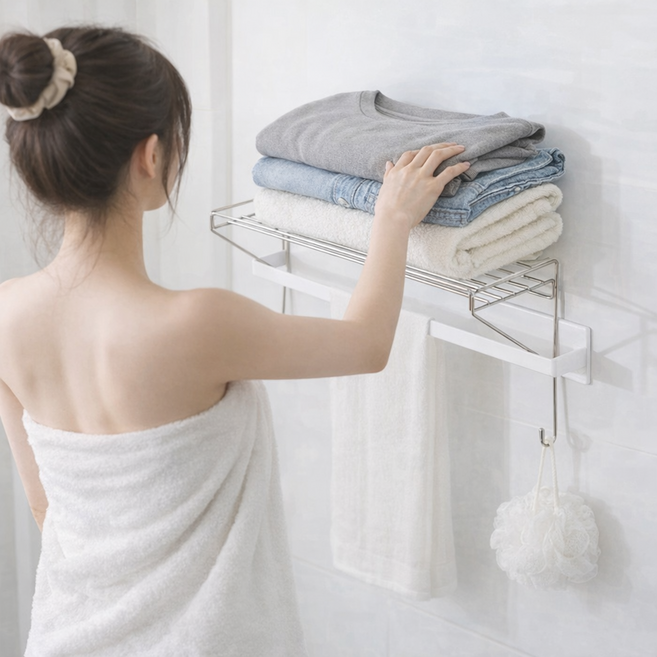 네오mro 무타공 욕실 옷 수건 선반, 1개, 실버