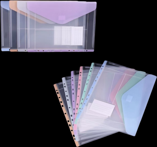 벨크로 찍찍이 파일 A4 3공 바인더 도큐먼트화일 투명 파일 (서류봉투 스타일 랜덤), 혼합색상 (10개 서류봉투), 1세트