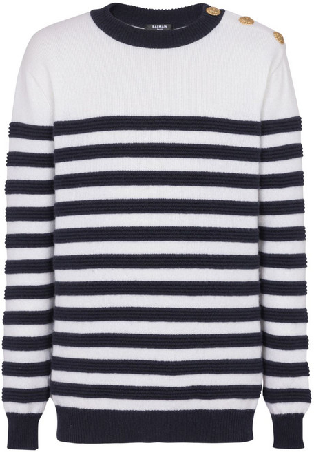 발망 버튼 디테일 스트라이프 캐시미어 스웨터