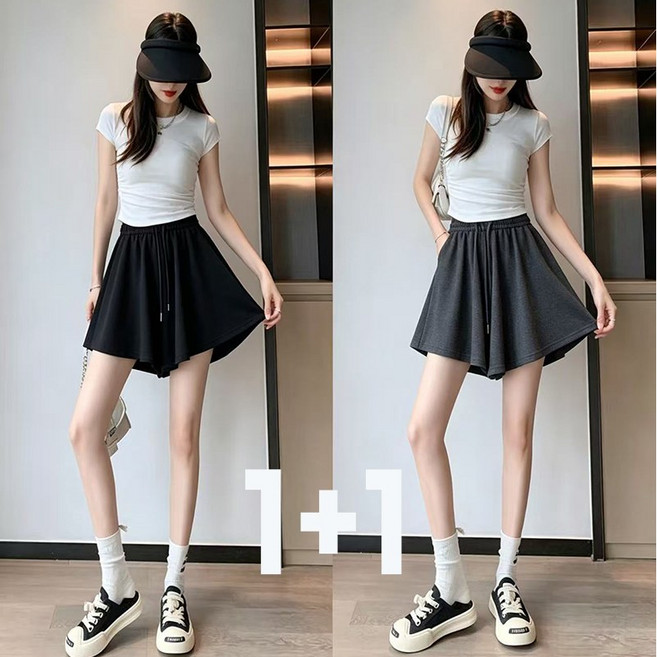 BIKASU 여성 여름 캐주얼 밴딩 반바지 트레이닝 와이드 치마바지 1+1