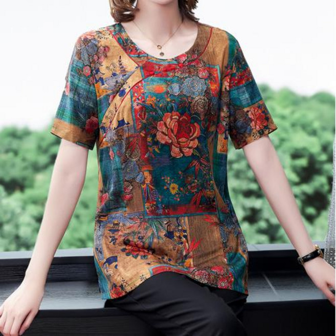 뉴욕멋쟁이 국내배송 모시 플라워 반팔 블라우스 꽃무늬 반소매 라운드넥