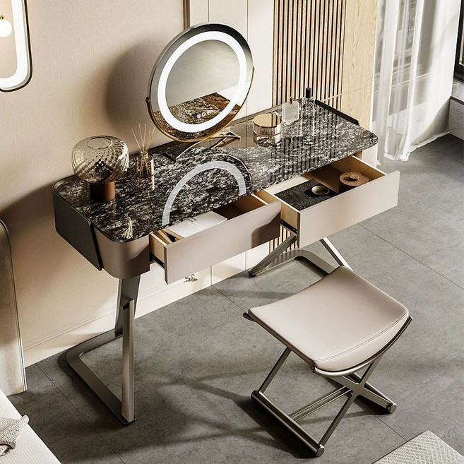 대리석화장대 서랍 고급화장대, 신터드 스톤, 완제품 조립, 1.2m 거울+스툴 포함 블랙티타늄골드