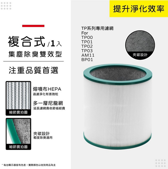 蟎著媽 適用 戴森 Dyson AM11 BP01 TP00 TP01 TP02 TP03 空氣清淨機 濾網, 1個, 複合式集塵HEPA夾碳除臭濾網/單入