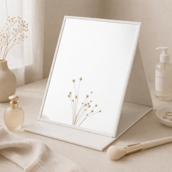 데이리빙 프리미엄 가죽커버 공간활용 각도조절 휴대용 초대형 접이식 탁상 거울, 화이트