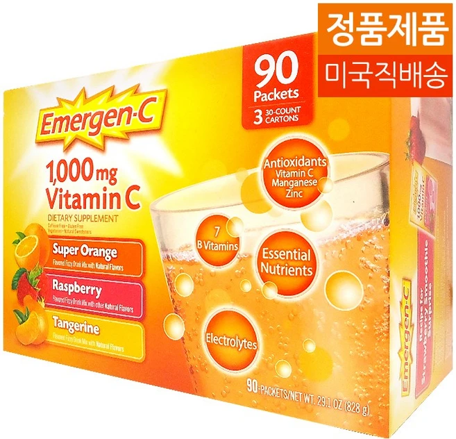 Emergen-C 1000mg Vitamin C 90 packs 이멀전씨 비타민 90팩, 1박스, 90정 - 쿠팡