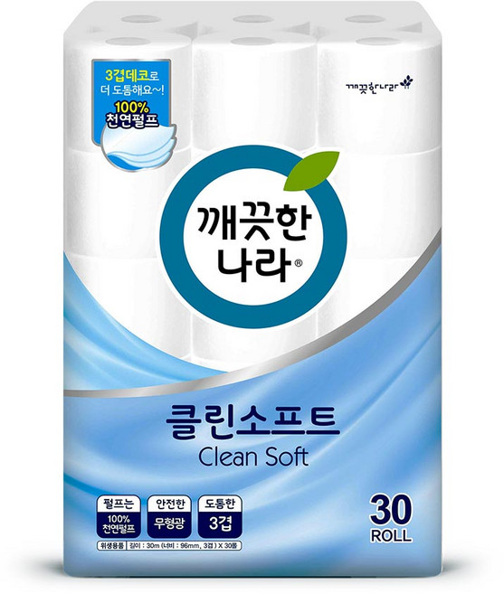 깨끗한나라 클린소프트 천연펄프 3겹 고급롤화장지, 30m, 30개입, 1개
