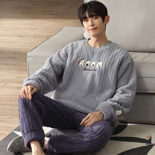 겨울 라운드 넥 풀오버 플란넬 파자마 남성용 두꺼운 산호 양털 캐주얼 플러스 벨벳 패딩 남성용 홈 의류 정장