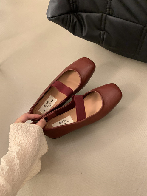 瑪莉珍娃娃鞋 小方頭 軟皮 奶奶鞋 復古單鞋 女 春秋百搭 軟底舒適平底鞋, 紅色,38