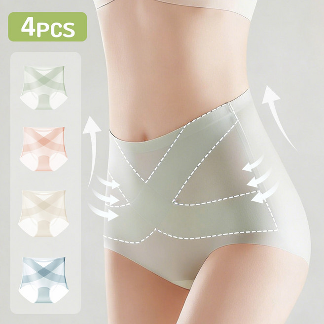 Belua 여성 하이웨스트 심리스 팬티 노라인 엉덩이뽕 팬티 뱃살 보정속옷 초슬림 냉감 4종 세트