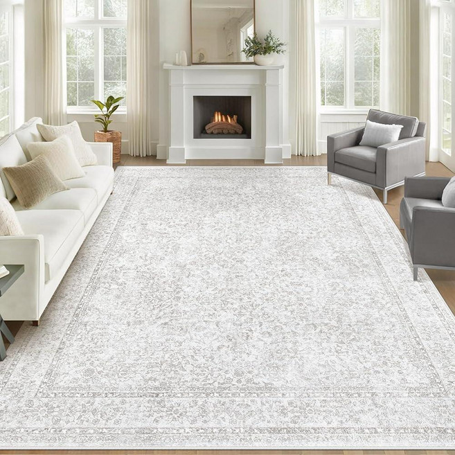 8x10 Area Rugs for Living Room: Washable Large Vintage Floral Rug Low Pile Non-Slip Boho Carpet fo