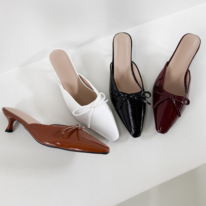 스틸레토 유광 에나멜 블로퍼 뾰족 르벳 리본구두 샌들 뮬 5cm (4color)