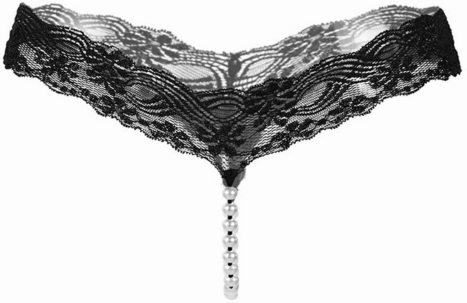 女士蕾絲T字褲 珍珠按摩透明無痕情趣丁字褲 2142, 黑色,均碼
