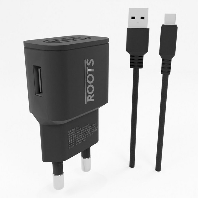 루츠 국내생산 USB 1포트 저전압 DC 5V 2A 저전력 저속충전 어댑터 홈캠 충전기 + C타입 1M 케이블 포함, 블랙, 1개