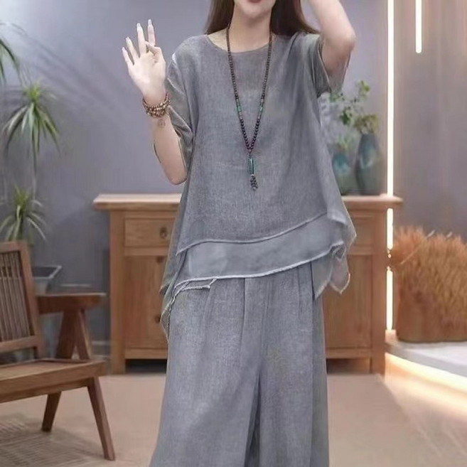 여름 여성 투피스 세트 린넨 소재 시원 통기성 여름철 편안 착용감 반팔 티셔츠 여름 바지 데일리 룩 캐주얼 외출 생활복 자수 개량한복 치마바지 상하복