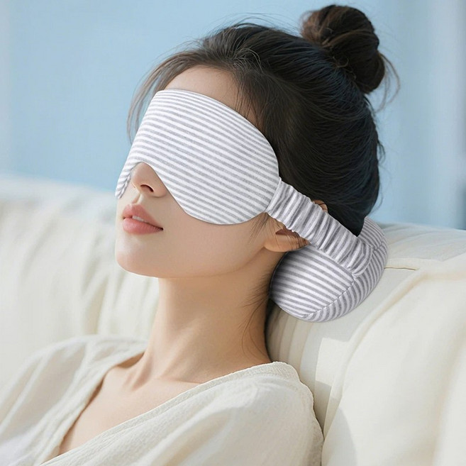 투니스 여행용 순면 휴대용 스트라이프 일체형 안대 목베개