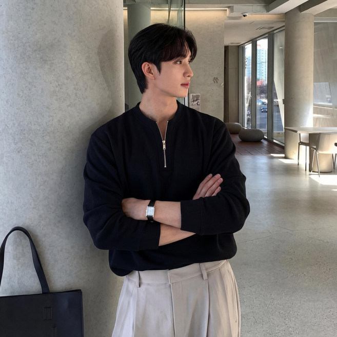 ANYOU 남자 스웨터 부드러운 고퀄리티 반집업 폴라 맨투맨 스판 니트