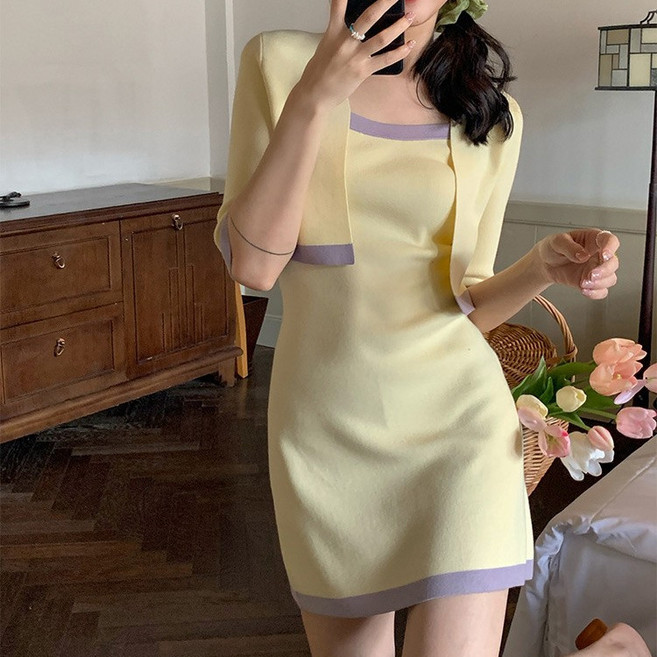 여자 여름 나시 원피스 세트 끈나시 니트 미니 원피스 + 긴팔 가디건 패션 투피스 세트 YCY