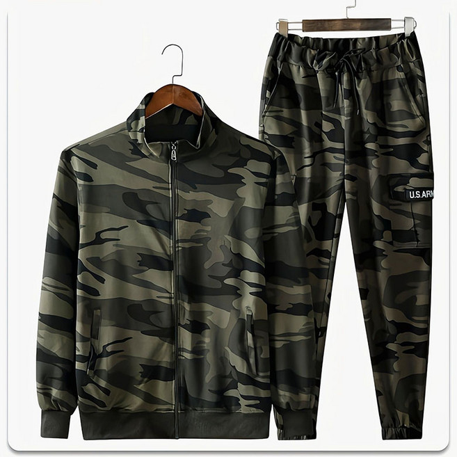 남성 상하의 카무플라주 긴팔 자켓 + 밴딩 바지 조거팬츠 루즈핏 캐주얼 트레이닝 세트 봄 여름 가을 빅 사이즈 스포츠 투피스 WAWAMIYA