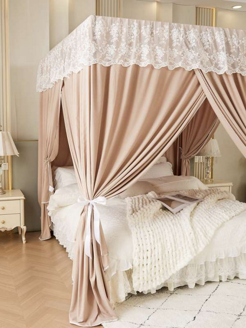 침대 암막 커튼 캐노피 텐트 가림막 침실 인테리어 레이스 방풍 방한, 그레이 + 메탈 스테인레스 브라켓