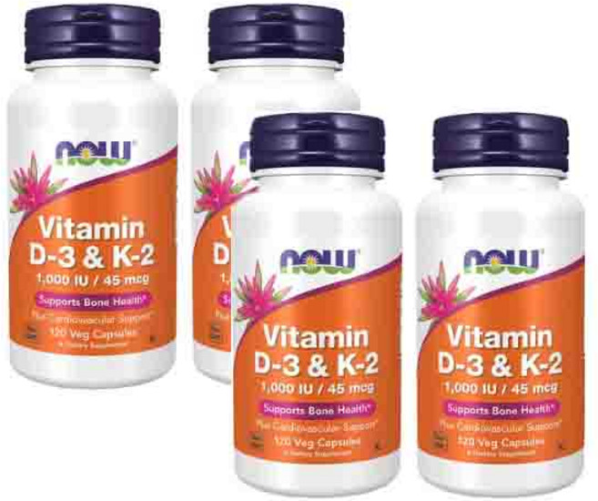 나우푸드 비타민 D3 비타민 K2 영양제 보충제 1000IU 45mcg 베지캡슐 120정, 4개