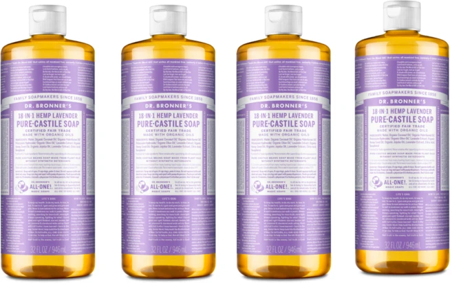 닥터브로너스 퓨어 캐스틸솝 물 비누 945ml x 4 라벤더향 18in1 다용도 음식 설거지 얼굴 몸 머리카락 - 쿠팡