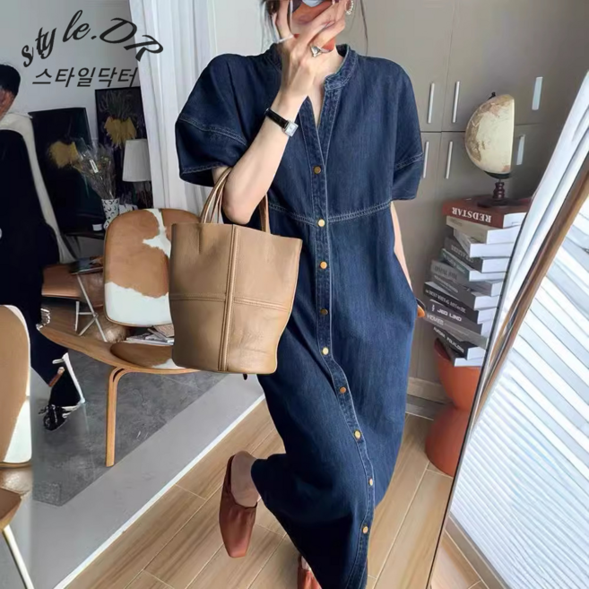 스타일닥터 여성 빅사이즈 원피스 버튼다운 빈티지 라인 셔츠 데님 청 롱 원피스