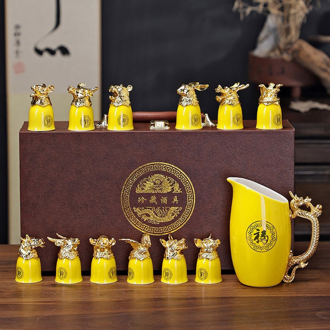 고량주잔 술 수정방 술잔세트 스트레이트 순홍색 다이아 연태주 술수정방 고량주, 앤티크 목문 골드 제왕 엘로, 1개