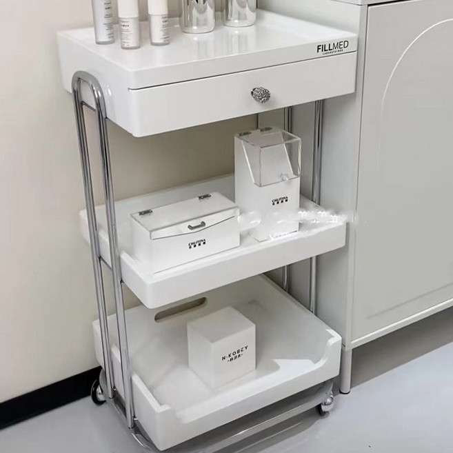 피부샵 왜건 미용실 트롤리 3단 수납 카트 미용도구, 실버 화이트 48x38x80cm(서랍)