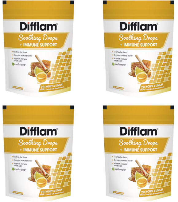 호주 디플램 수딩 목캔디 허니 레몬 Difflam Soothing Drops Immune Support Honey & Lemon, 4개, 44g
