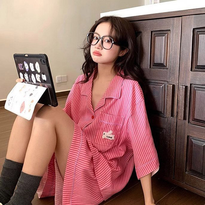 COSYEVNO 여성 여름 5부 소매 잠옷 셔츠형 원피스 홈웨어 BCXsy-4