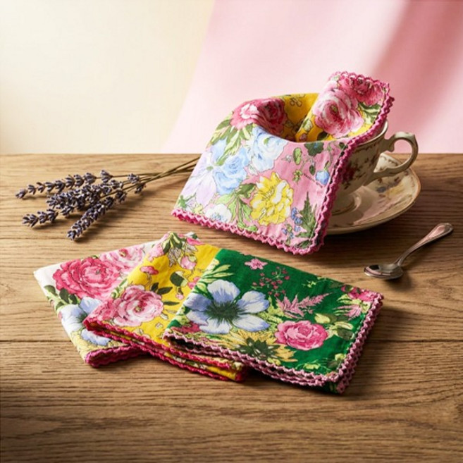 핑크릴리 장미 4매입 여성 손수건세트 에티켓 아사 면 레이스 대형 땀 등산 스카프