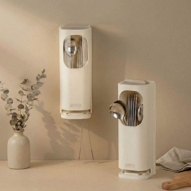 벽걸이 수저통 2WAY 물빠짐 회전커버 먼지차단 위생 주방정리 (식품용), 1개, 아이보리