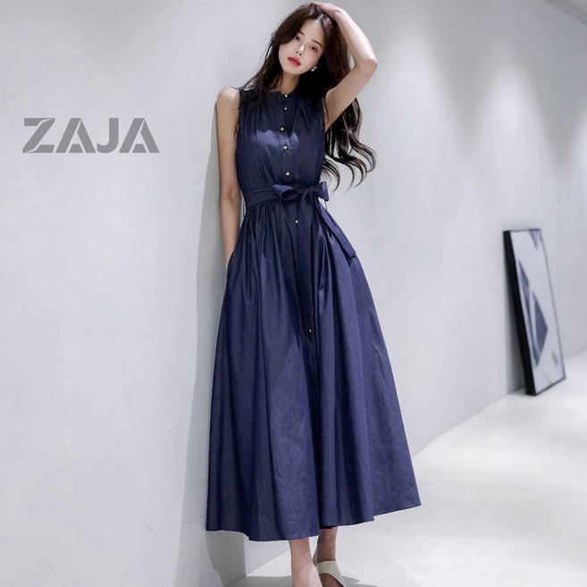 ZAJA 여성 여름 롱 원피스 청원피스 민소매 A라인