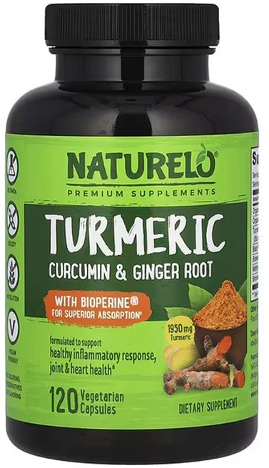 네츄렐로 바이오페린 함유 강황 커큐민 & 생강 뿌리 120베지캡슐, 1팩, 120정 - 쿠팡