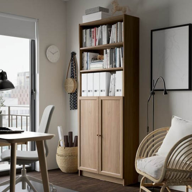 [가구 착불배송비: 4만원]이케아 책장+도어 BILLY 빌리 80x30x202 cm, 6단, 옥스베리 참나무무늬