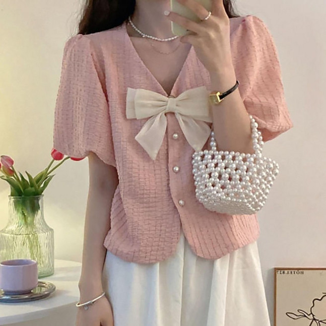 AURALA 여성 쇼트 시폰 블라우스 퍼프소매 리본 반팔 티셔츠 여자 반팔 V넥 블라우스 여름 반팔티