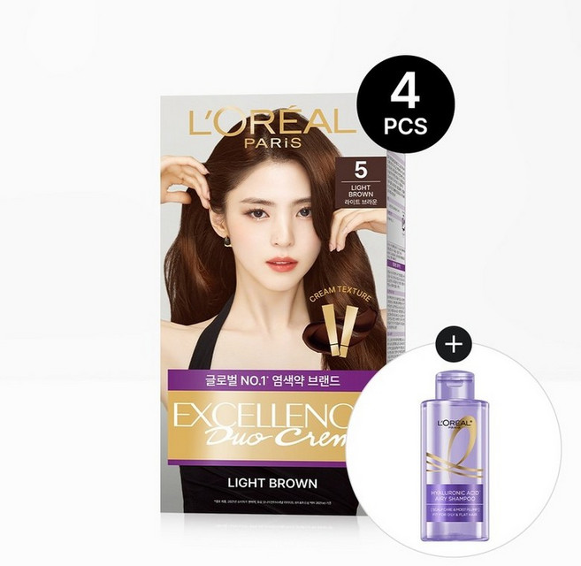 로레알파리 엑셀랑스 듀오크림 염모제 4개+히알샴푸80ml, 5.21호